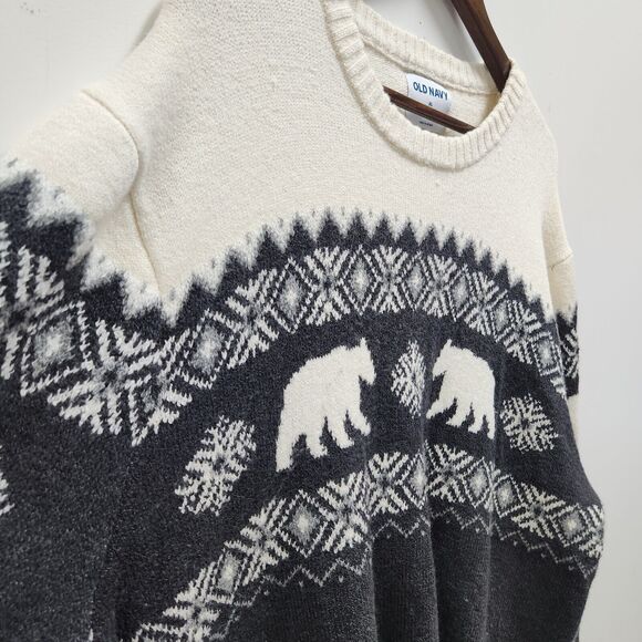 Old Navy Mens Fair Isle Crewneck Sweater Size XL Cream Black Gray Bear Cozy - Picture 3 of 12